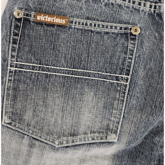 Victorious Urban Couture Shorts Mens 34 Blue Denim Painted Distressed Streetwear - Picture 10 of 14